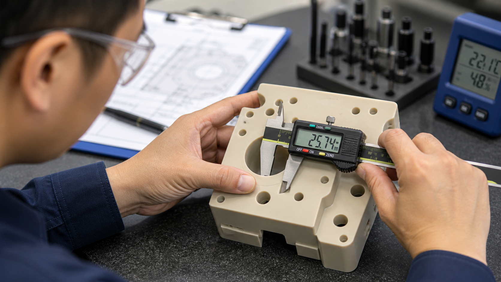 Checking Critical Dimensions to Prevent Drift An engineer carefully measuring a critical hole diameter on a machined PEEK component with a digital caliper