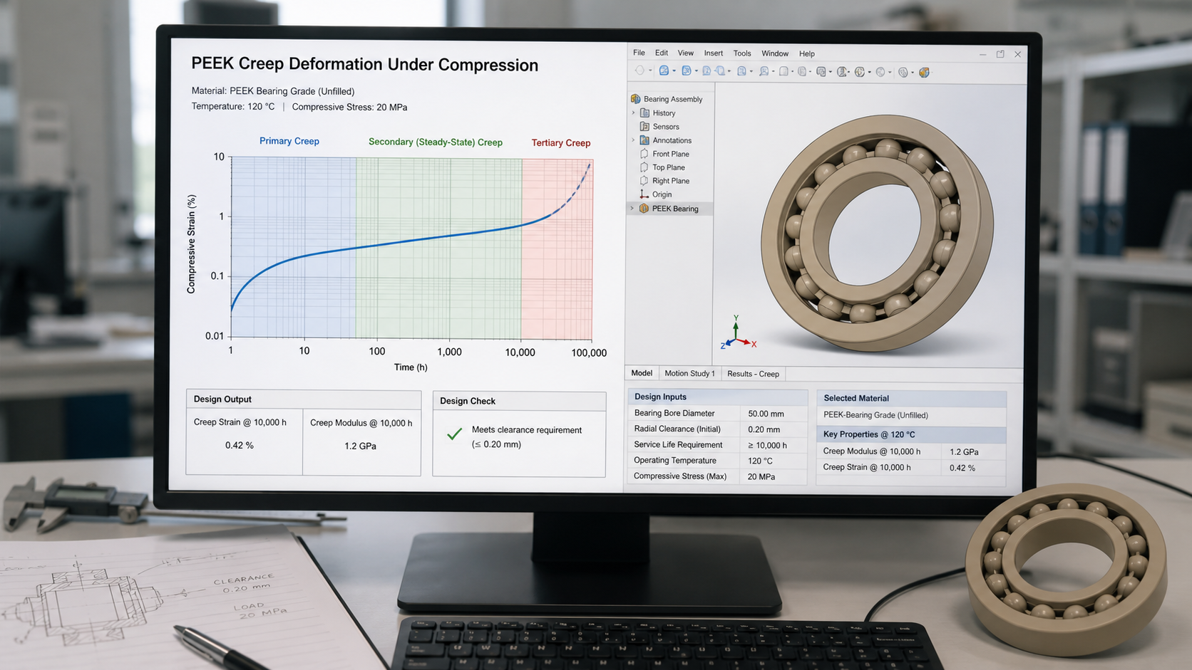 Applying Long-Term Deformation Data to Engineering Design A computer screen showing a creep deformation graph alongside a 3D model of an industrial PEEK bearing.