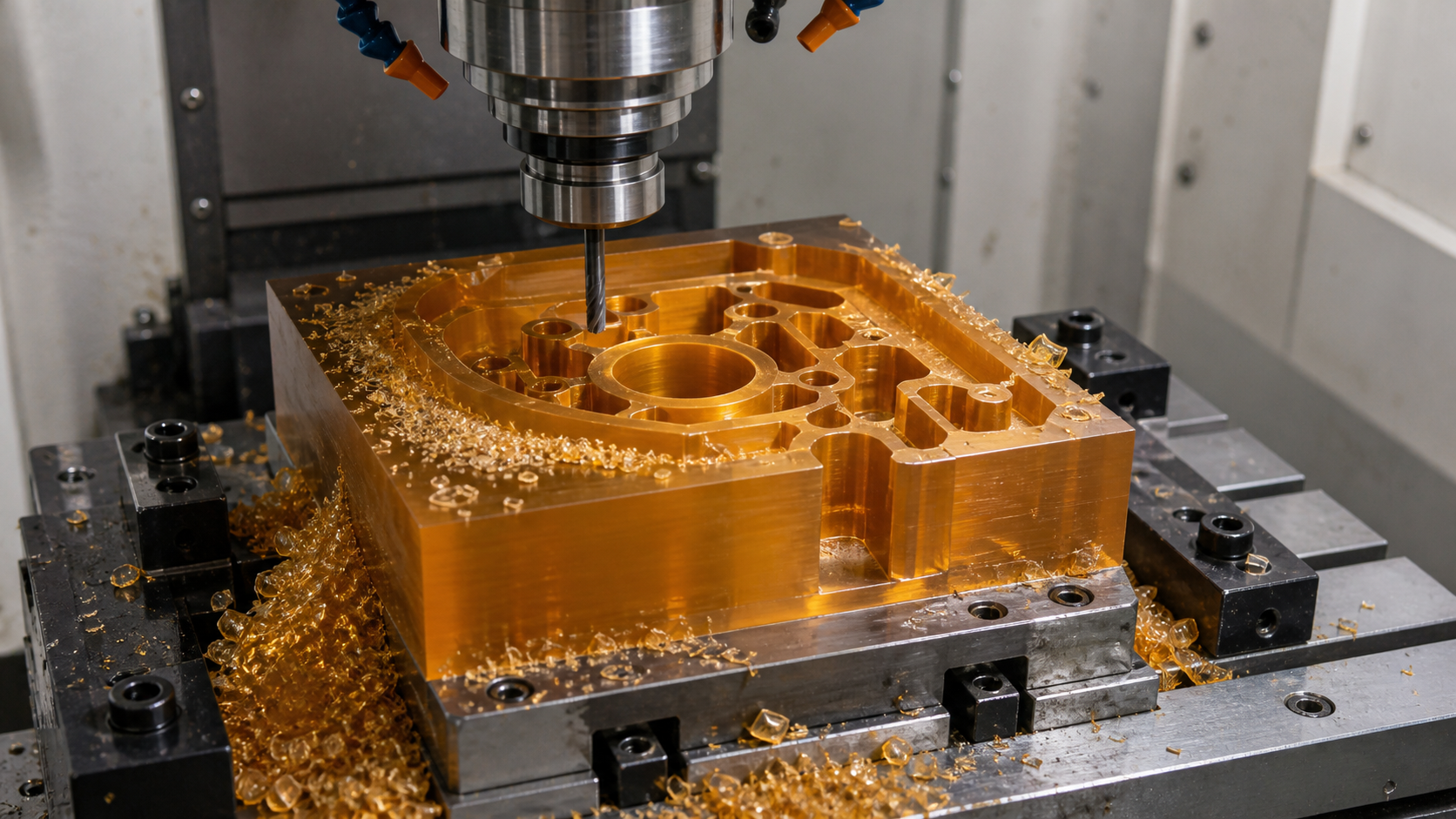 Machining Polyimide Stock Shapes for Custom Components CNC machine precisely carving a complex component from a solid block of amber-colored polyimide material