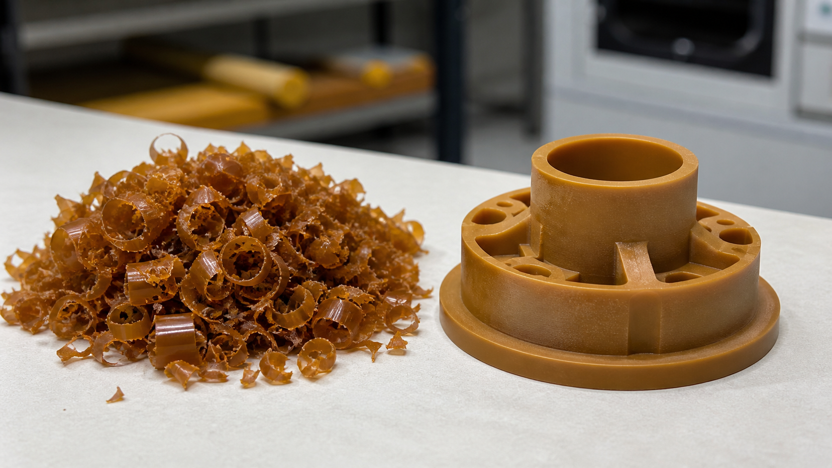 Visualizing Machining Waste vs. Direct-Forming Efficiency A side-by-side comparison showing a pile of polyimide machining chips next to a finished direct-formed part