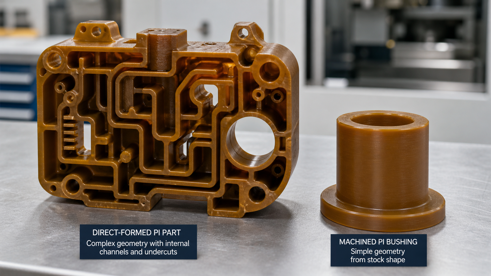 Comparing Part Complexity for Machining and Direct-Forming A complex, direct-formed polyimide part with internal channels and fine details next to a simpler machined PI bushing