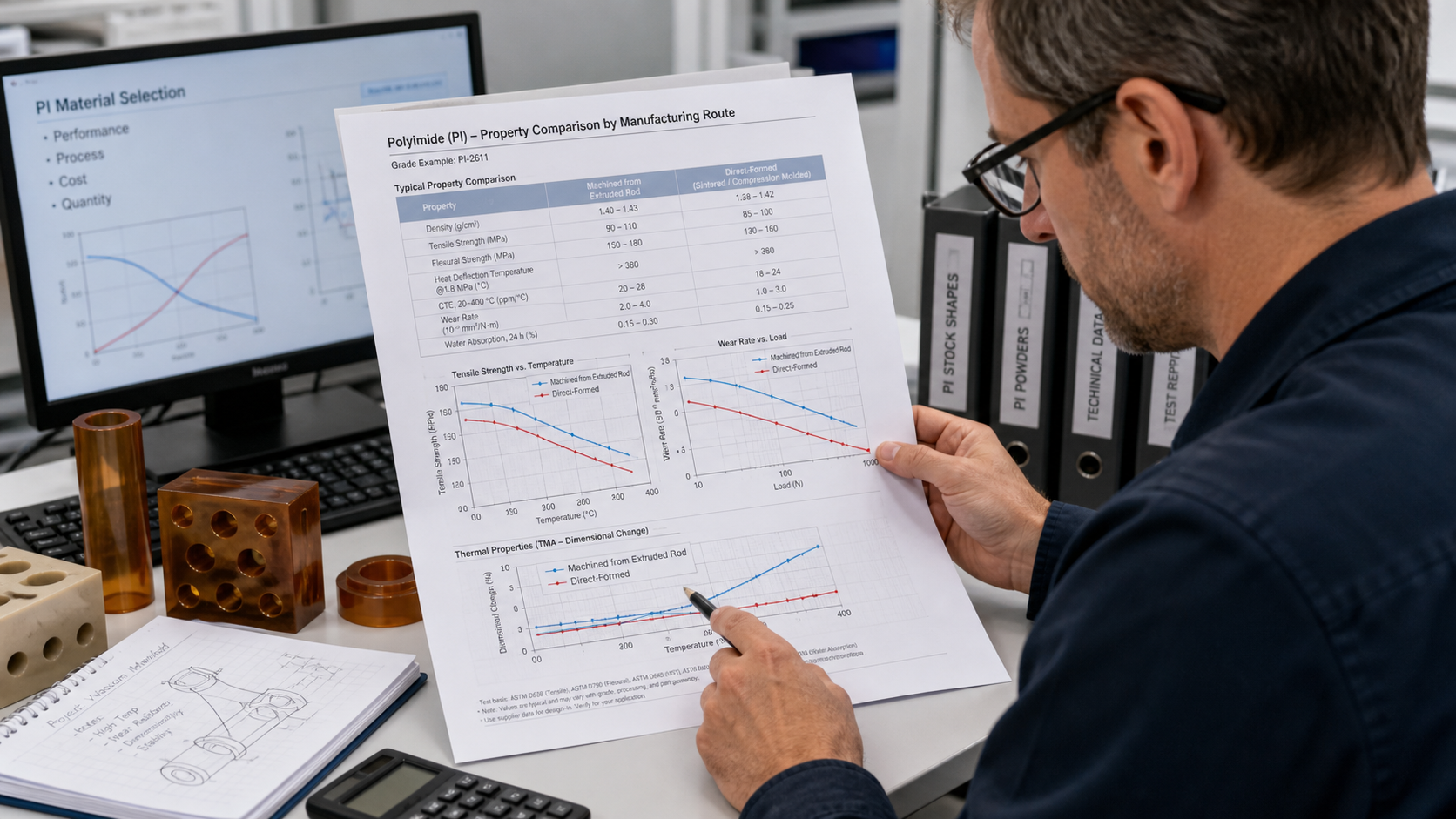 Analyzing Technical Data for Different PI Manufacturing Routes A materials engineer reviewing a technical data sheet with graphs showing property differences for a polymer