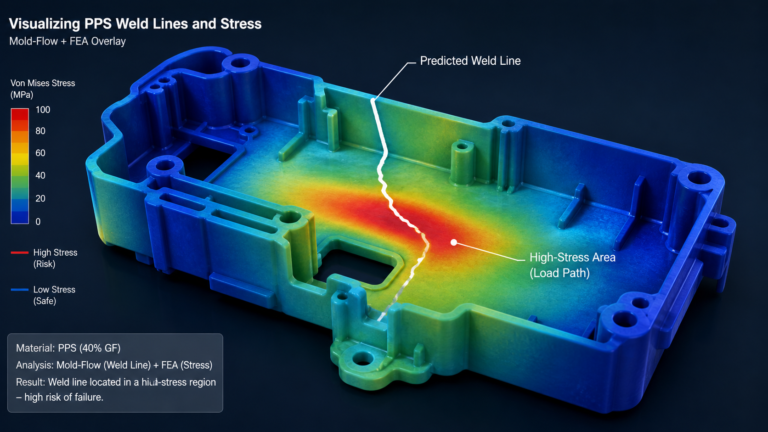 A 3D simulation of a PPS component showing a visible weld line located in a high-stress area.
