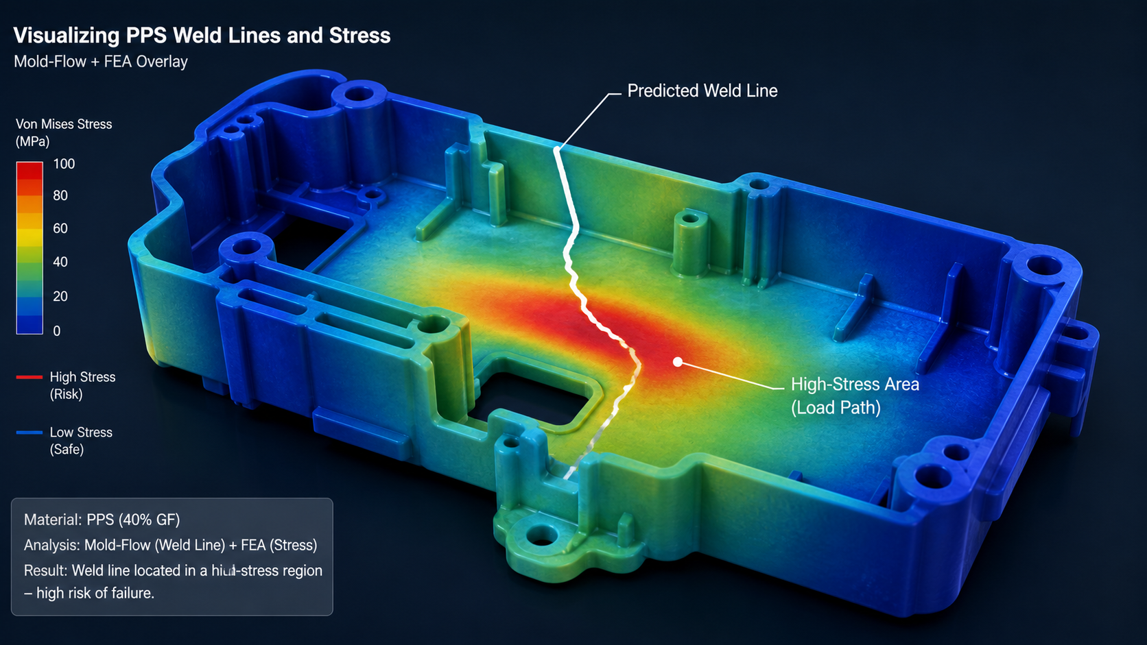 Visualizing PPS Weld Lines and Stress A 3D simulation of a PPS component showing a visible weld line located in a high-stress area.
