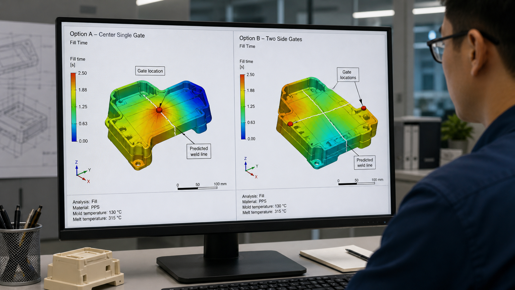 Comparing Gate Options in Simulation Side-by-side comparison of two mold-flow simulations, each showing different gate locations and resulting weld lines.