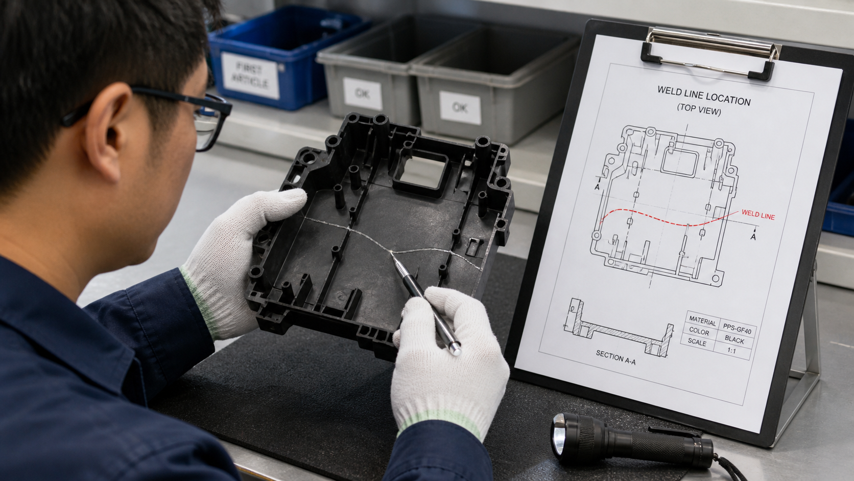 Physical Verification of Molded Part Weld Line A quality technician physically inspecting a molded PPS part, comparing the visible weld line to a design drawing.
