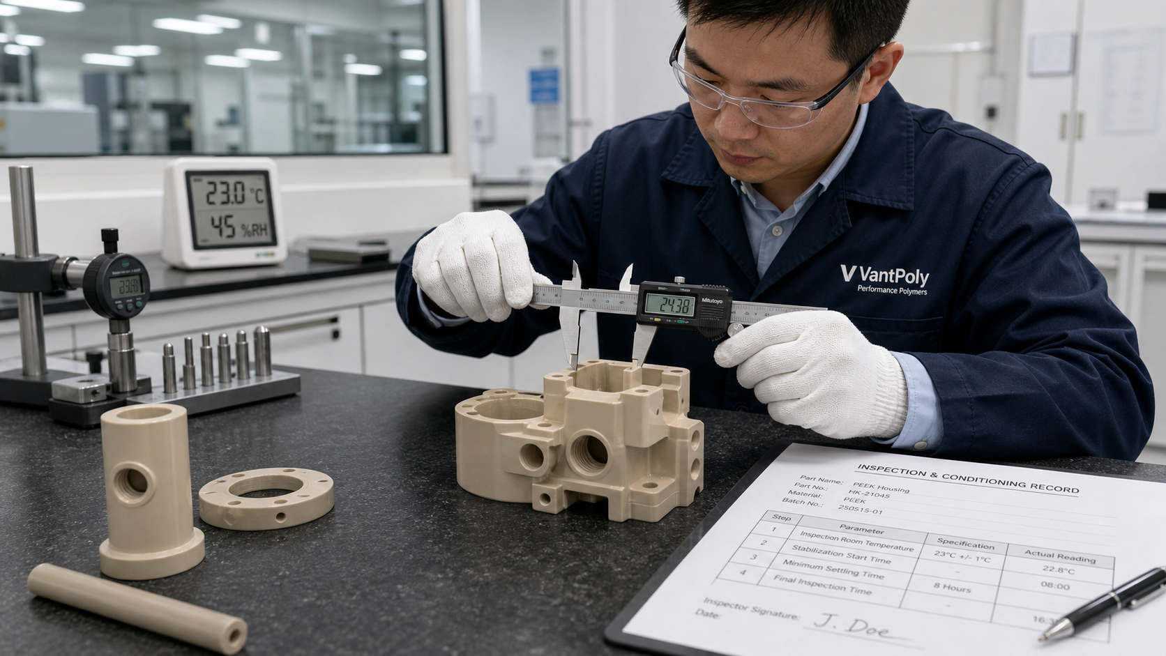 A quality inspector carefully measures a complex PEEK component with digital calipers in a clean, temperature-controlled laboratory.